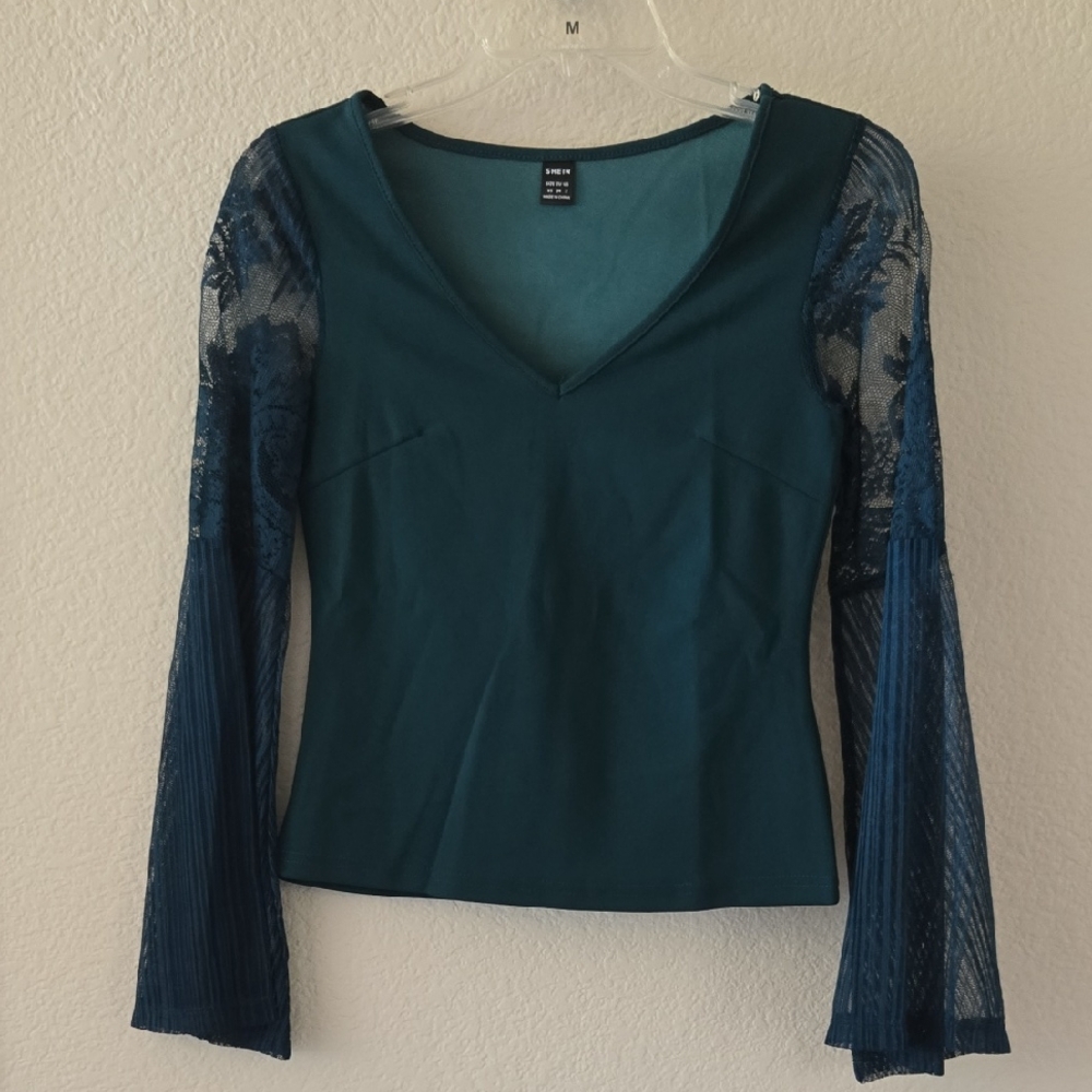 SHEIN Deep Teal Blouse with Sheer Lace Sleeves